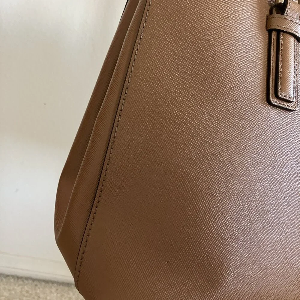 Tory Burch Double Zipper Beige/Tan Leather Tote Bag Top Handle & Strap - Picture 13 of 15